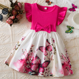 2026 Summer Girls Ribbed Ruffle Sleeve Dresses Kids Butterfly Floral Print Dress 3-7Y Children Sweet Princess Clothing