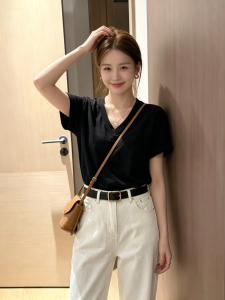 YUANYA | Korean Style V-Neck White Short Sleeve Womens T-Shirt
