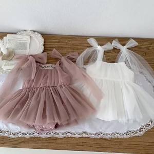 2026 Summer Baby Clothes 100 Day Baptism Birthday Party Sleeveless Jumpsuit Mesh Bow Romper Girl Princess Dress