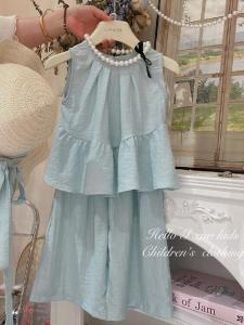 Summer Girls Sleeveless Vest + Pants Mint Green 2 Pieces Suit New Arrival Ruffles Doll Shirt Loose Pants