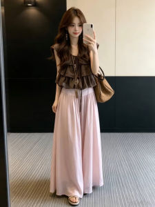 SENWA | Bộ Đồ Hai Mảnh Áo Kaki và Quần Voan Phấn Chân Rộng