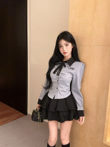GUZILIAN | Slim Fit Polo Collar Shirt Womens Single Button Korean Style Casual Black Cake Skirt Set Fashionable Commute Autumn Long Sleeve