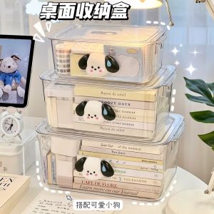 กล่องเก็บของแบบใสบนโต๊ะกล่องใส่เครื่องสำอางดูแพงกล่องจัดระเบียบเครื่องสำอางพร้อมฝาปิดชั้นวางกล่องลูกสุนัขสำหรับโต๊ะหนังสือ
