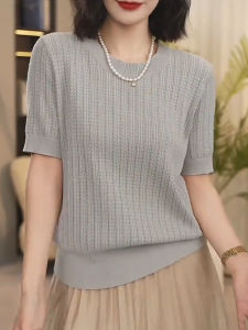 UYFY | Áo thun nữ tay ngắn cổ tròn màu xám mỏng mùa hè 2025 dáng rộng thoải mái thường ngày chất liệu khác cỡ lớn