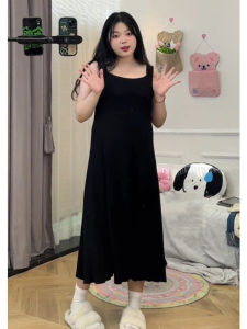 Váy Dệt Kim Không Tay Màu Đen Cỡ Lớn Cho Nữ Mùa Xuân 2024 Váy Bó Sát Che Giấu Mỡ Bụng Thiết Kế Cổ Chữ V