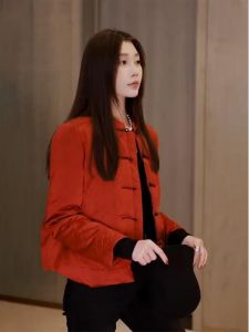 Red Christmas New Year Chinese Style Womens Cotton Jacket Button Outerwear Winter New Arrival Straight Tube Commute Style