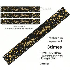 Black Gold Happy Birthday Banner 9FT Cuttable with Glitter Dots Design for 18th 21st 30th 40th 50th 60th Party Decor