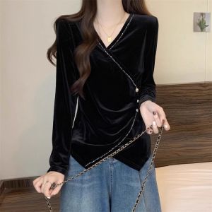WANGGONGZHU | Princess Style Velvet Base Shirt Womens Spring Autumn Loose Long Sleeve V-neck Fashionable Slim Fit T-shirt Korean Version