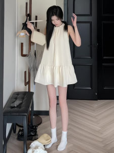 Korean Style Petite Neck Halter Sleeveless Shoulder Revealing Chiffon Sweet Dress