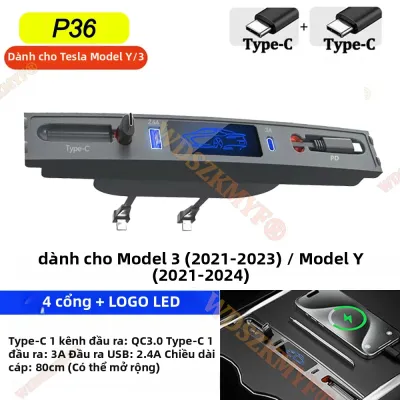 Tesla Model 3 Model Y Hub USB Bảng Điều Khiển Trung Tâm 4 Trong 1 Với Cáp Có Thể Thu Vào Phụ Kiện Ô Tô Tương Thích Sạc Nhanh Cho Năm 2021-2023