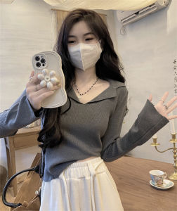 Gray V-neck Short Base Shirt Women Spring Summer Irregular High Waist Long Sleeve T-shirt Small Size Top Commute Korean Style Slim Fit Pure Color