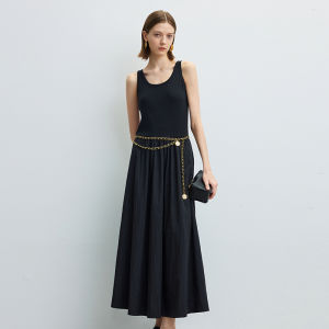 Designice Summer New Simple Elegant round Neck Splice Dress Womens Vest Skirt High Waist Cotton Slim Fit Casual Style