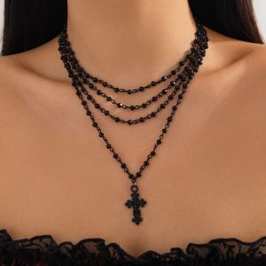 KunJoe Gothic Jesus Big Cross Pendant Necklace for Women Vintage Multilayer Black Bead Chain Necklace Y2K Accessories Jewelry