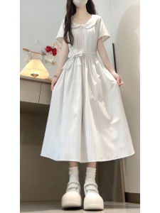 unifittoo | Collar Striped White Summer Dress Slim Waist Petite Long