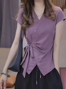 AIYITI | Slimming V-neck Short-sleeve T-shirt For Plump Women