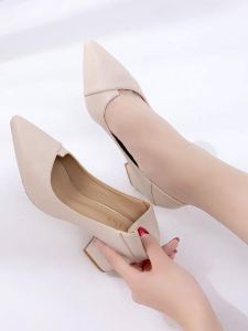 รองเท้าส้นสูงทรงหัวแหลมสำหรับสาวน้อย รองเท้าส้นกลาง 2024 ฤดูใบไม้ร่วงใหม่ รองเท้าส้นแบนแบบอเนกประสงค์ รองเท้าส้นแบนทรงหัวแหลม 6 ซม.