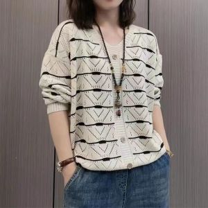 Loose Knitted Hollow out Long Sleeve V-Neck Sweater Thin Top Trendy Womens Fashion Spring Autumn New Style Korean Version