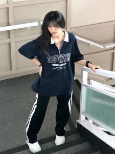 Plus Size Ladies Extra Large Size 150.00Kg Pure Cotton American Polo Shirt T-Shirt Womens Summer Loose Preppy Wind Shoulder Short Sleeve Tops