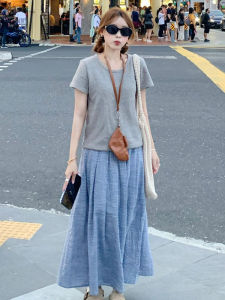 BINKAFENNY | Summer Outfit Grey Short Sleeve Shirt And Blue Plaid Mini Skirt Two Piece Set Womens Clothing Half Length Skirts Fashionable