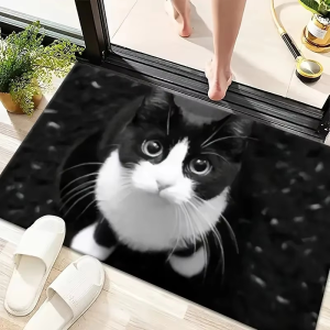 VIKAMA 3D Cute Tuxedo Cat Print Fluffy Bath Mat Non Slip Water Absorbent Washable Floor Mat Bathroom Entrance Pet Home Decor Rug
