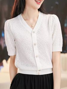 WANGGONGZHU | White V-neck Knitwear Womens Summer Thin Loose Fashion Slimming Short Sleeve Breathable Top Korean Style Straight Cut