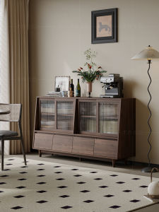 Retro French Style Wall-Mounted Storage Cabinet with Glass Sliding Door Dining Room Sideboard Organizer Wooden Frame Furniture