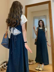 Retro Denim Vest Dress Women Summer Design Back Hollow Waist in Long Skirt T-Shirt Two-Piece Set Waist-Cinching Fashion Ensemble