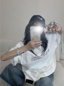 Oisis Chic Summer Loose Fit Pure Cotton Short Sleeve Womens T-Shirt Casual Style round Neck Printed Text Simple Minimalist