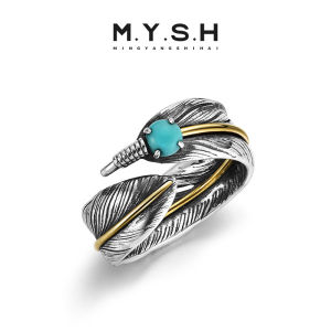 MYSH Pure Silver Turquoise Gem Feather Ring Mens Trendy High-End Feeling Cool Adjustable Open Ring Fashionable Jewelry