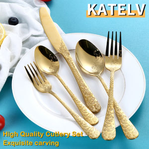 High Quality Cutlery Set Handle Exquisite carving Stainless Steel Golden Tableware Knife Fork Spoon Flatware Set Silverware Set