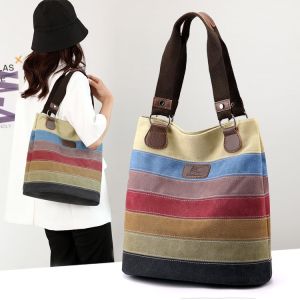 Fashionable Striped Canvas Tote Bag Womens Shoulder Handbag Geometric Pattern Zipper Closure Casual Style Soft Polyester Lining