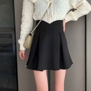 Plus Size Womens Skirt Korean Casual High Waist A-line Short Skirt Pleated Mini Skirt with Safety Pants