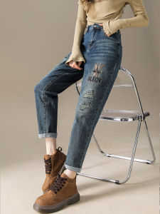High Waist Harajuku Style Womens Jeans Spring Autumn Embroidered Worn High Waist Dad Long Leggings Blue Cotton Stretch Denim