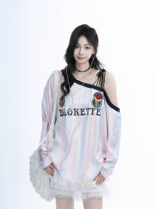 เสื้อยืดแขนยาวลายทางหลวมๆ สำหรับผู้หญิง ทรงหลวม สไตล์สตรีท แฟชั่นฤดูใบไม้ร่วง โพลีเอสเตอร์ ปกติ แขนยาว ปกติ