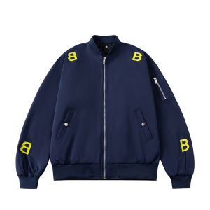 แจ็คเก็ตบินคอตั้งปักลายตัวอักษรสไตล์สตรีทอเมริกัน หนา สำหรับผู้ชายและผู้หญิง แจ็คเก็ตแบบมีฮู้ด ปกติ แขนยาว ซิป ฤดูหนาว