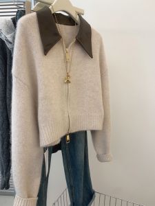 BINKAFENNY | Womens Long Sleeve Polo Collar Patchwork Double Zipper Knitwear Cardigan Autumn Winter Fashion Sense Beautiful Knitted Sweater