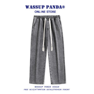 Wassup Panda Retro Drawstring Straight Leg Jeans Mens Casual Loose Wide Leg Long Trousers Pure Color Trendy Brand Cotton Polyester Blend