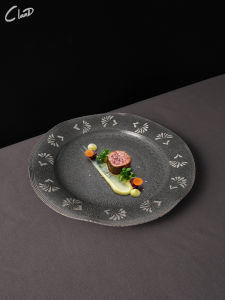 Retro Japanese Pattern Ceramic Plate Greyish Blue Irregular Shaped Western Style Dining Utensils Fruit Dish Presentation Plate