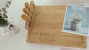 Premium Bamboo Cheese Board Set with 4 Pcs Stainless Steel Cheese Knife & Charcuterie Platter Wooden Serving Tray