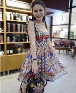 P014-015 PIMNADACLOSET - Square Neck Sleeveless Tie Shoulder Printed Mini Dress