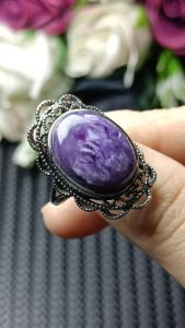 (Big Stone) Nephrite Jade/ Purple Charoite Crystal Adjustable Ring Silver S925 (大戒面)天然和田玉紫龙晶水晶石可调节戒指 S925银 戒面成色超美超值