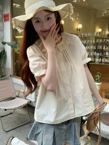 เสื้อเชิ้ตแขนพองคอตุ๊กตาสีน้ำตาลสำหรับผู้หญิงในช่วงฤดูร้อน ดีไซน์หวานๆ สไตล์ฝรั่งเศส เสื้อเชิ้ตคอปกจีบขอบลูกไม้