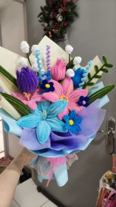 Chenille Stem Flower Bouquet with Blue Pink Purple Flowers and Green Leaves