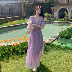Elegant Purple French V-neck Dress Womens Summer New Style High-end Feeling Beautiful Fairy Long Skirt Korean Version Loose Waist Short Sleeve