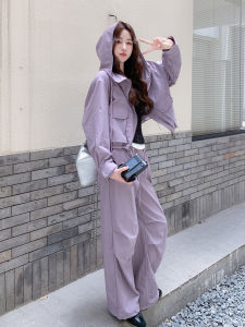 Purple Korean Style Casual Workwear Set Womens 2025 Autumn New Hooded Jacket Wide Leg Pants Two Piece Set Fashionable