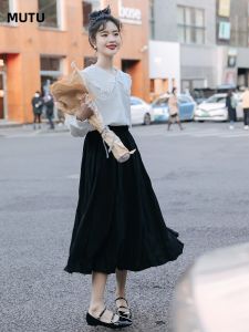 Váy nữ MUTU cạp cao màu đen xếp ly