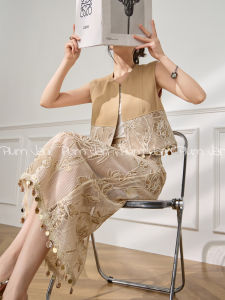 Plum Jan Summer Beautiful Set Sleeveless Lace Hollow out A-Line Mini Skirt High-End Feeling Two-Piece Suit for Women 25-35 Years Old