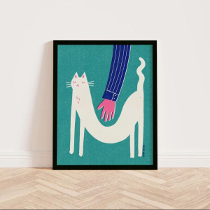 Modernist Cat Petting Wall Art - Stylized Graphic Print Evoking the Calm of a Content Cat with a Bold Color Palette of Teal Wh
