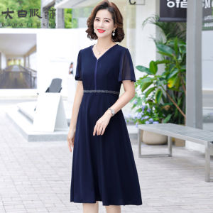 Fashionable Summer Dress for Middle-Aged Mothers 50 plus Womens Chiffon Skirt V-Neck Loose Fit Mid-Length Polyester Fiber