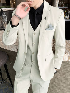 Mens Three-Piece Suit Slim Fit Wedding Tuxedo Fashionable Business Casual Polyester Pure Color Flat Collar Single Button
